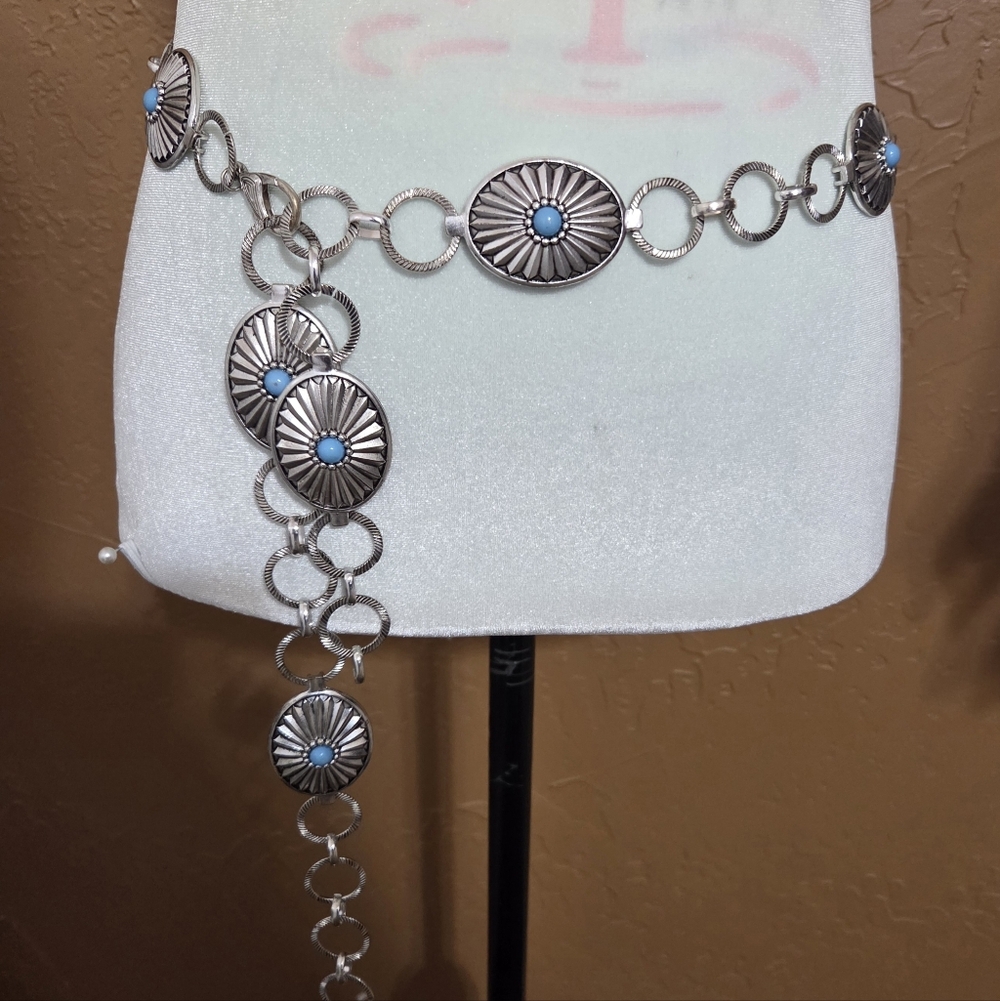 Silver and Turquoise Accent Concho Belt 48"